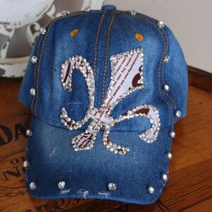 Stylish Blue Fleur de Lis Adjustable Baseball Cap with Rhinestone Accents